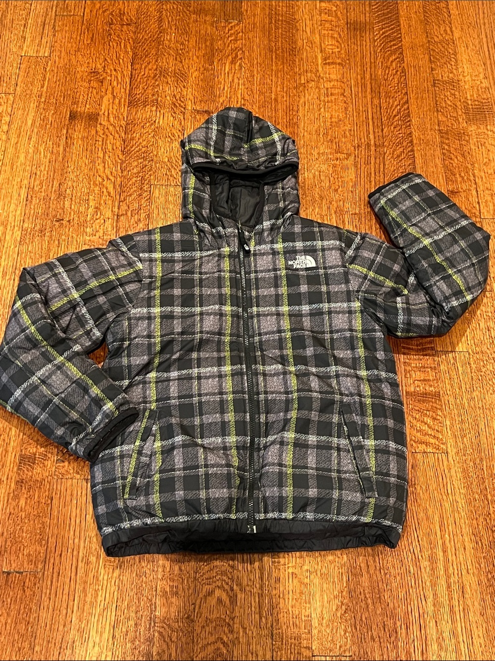 The North Face Kids Reversible Plaid/Black Hooded Puffer Jacket